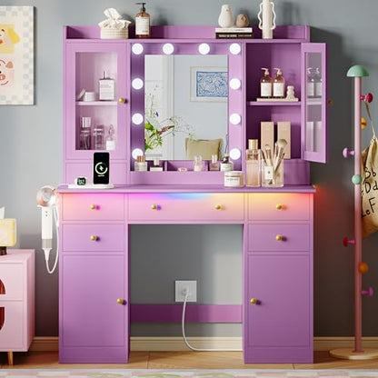 Xixini 44" Vanity Desk with Mirror & Lights, Glass Storage Cabinets, Purple - color: Purple