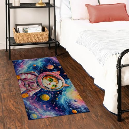 Astronaut Cat Door Mat Indoor 17x29.5 Inch, Galaxy Planet Doormat for Kitchen Bathroom, Colorful Space Decorative Floor Pad Gifts, Nonwoven Entry Rug, Non Slip Dot Plastic Backing - color: Cat01