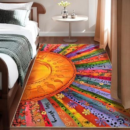 Likiyol Sun Area Rug 3x5 Rugs for Bedroom, Non Slip Washable Rugs for Living Room Soft Faux Cashmere Inspirational Bedroom Rug, Large Throw Rugs with Rubber Backing for Kids Room, Dining Room, Dorm - size: 3' x 5' (Rectangular)
