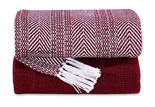 Luxurious Hand Woven Cozy Warm Combed Cotton All Season Indoor Outdoor Light Weight Fade Resistant Couch Chair Bed Throw Blankets Batik 50x60 Inch Set of 2 (Burgundy) - color: Red