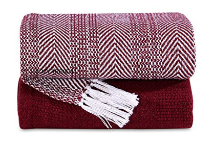 Luxurious Hand Woven Cozy Warm Combed Cotton All Season Indoor Outdoor Light Weight Fade Resistant Couch Chair Bed Throw Blankets Batik 50x60 Inch Set of 2 (Burgundy) - color: Red
