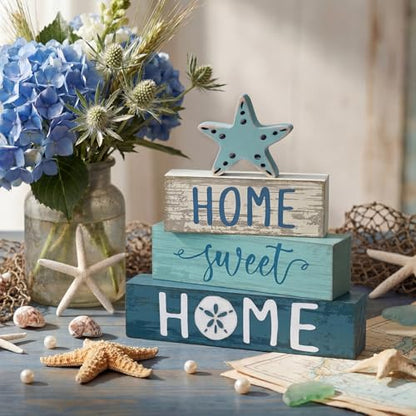 Cinnvoice 4 Pcs Beach Summer Starfish Wooden Block Coastal Tiered Tray - style: Starfish
