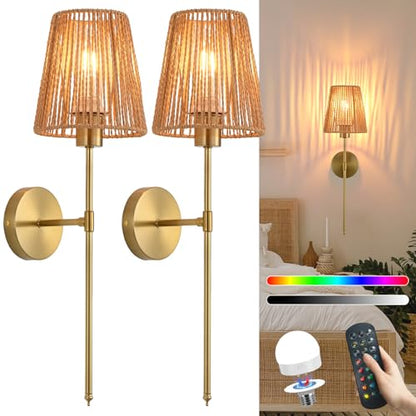 Battery Operated wall sconces Set of Two,Rattan Shade Gold with Remote Rechargeable Light Bulbs,dimmable RGB,Living Room,Bedroom,Hallway,Bathroom can be Used - color: Gold 24.4 Inch