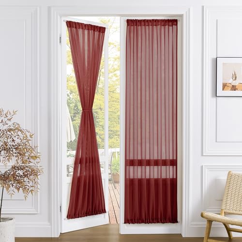 Tollpiz Sheer Door Curtains Closet Linen Textured Curtains Sheer Doorway Light Filtering Voile French Doors Rod Pocket Curtain Patio Glass Door, 25 x 72 inches Long, Burgundy Red, 1 Panel - color: Burgundy Red, size: 25"W x 72"L (Pack of 1)