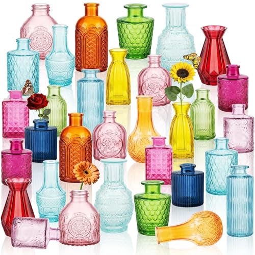 32 PCS Assorted Vintage Bud Vases, Colorful Glass Small Vases Bulk, for Centerpieces, Wedding Table Decor, Home Decorations & Gifts (Colorful rieires) - color: Colorful-2, size: 32PCS