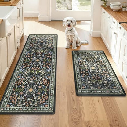 Yamaziot Boho Anti Fatigue Kitchen Rug Set of 2 Black, Non-Slip Kitchen Mat - color: Black, size: 20"x32"+20"x59"