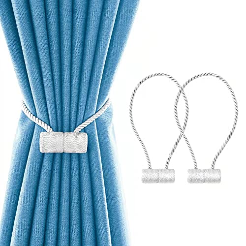 18 Inch Strong Magnetic Curtain Tiebacks, Curtain Holdbacks Modern Upgrade Strong 2021 New Twisted Style Decorative Drapery Rope Tie Backs(2 Pack White) - color: White