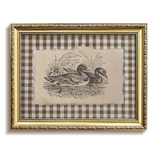 Gold Framed Vintage Duck Wall Art, Rustic Brown Gingham Ducks Canvas Print, Farmhouse Poster Wall Decor, Country Cottage Animal Decor for Living Room Bedroom 12x16in - color: Duck, size: 16"L x 12"W