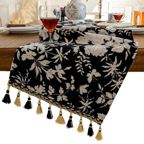 Floral Botanical Table Runner 13 x 48 Inch Black - color: Floral Black, size: 13" x 48"