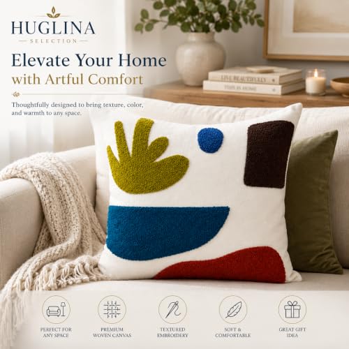 Ivory White Woven Canvas Embroidered Throw Pillow Cover with Insert Included, 18x18 Decorative Pillow, Modern Abstract Tufted Embroidery, Hidden Zipper, Farmhouse Boho Home Decor