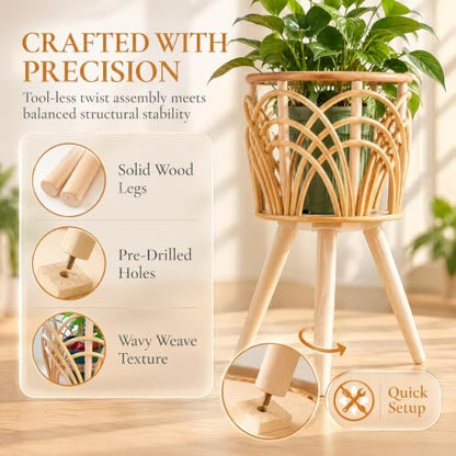 Boho Rattan Plant Stand, Set of 2 (Small & Medium), Indoor Outdoor
