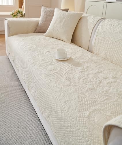 vctops Boho Cotton Quilted Couch Cover Soft Embroidered Sofa Cover Non-Slip Dog Bed Cover Scalloped Sofa Slipcover Washable Furniture Protector Cover (Cream,28"x59") - color: Cream, size: 1pc/28"x59"/Rectangular
