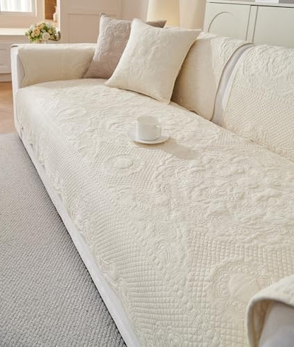 vctops Boho Cotton Quilted Couch Cover Soft Embroidered Sofa Cover Non-Slip Dog Bed Cover Scalloped Sofa Slipcover Washable Furniture Protector Cover (Cream,28"x59") - color: Cream, size: 1pc/28"x59"/Rectangular