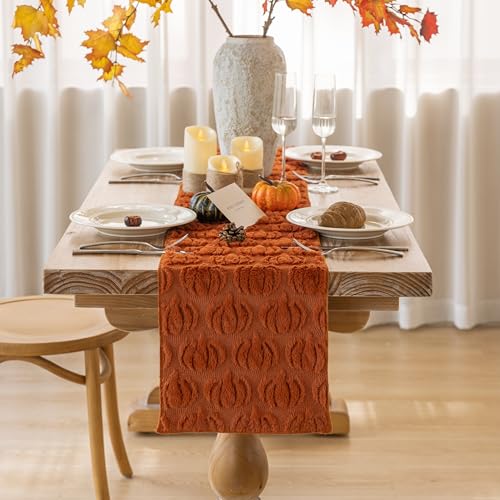 Keketoarrange Thanksgiving Table Runner Rust Terracotta Soft Plush Faux Fur Velvet Pumpkin Autumn Harvest Dining Centerpiece Decor for Home Kitchen Fall Decorations for Home 13 x 72 Inch - size: 72"x13"