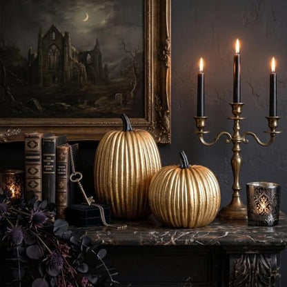 Gold Halloween Pumpkin Decor, Small Resin Pumpkins Set of 2 - color: Gold and Black-set of 2
