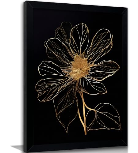 Framed 3D Textured Gold Wire Floral Canvas Wall Art, Embossed Golden Line Flower Outline Print, Black Background Luxury Minimalist Botanical Framed Wall Decor Artwrok for Livingroom Bedroom - color: Linear floral, size: 10"L x 8"W