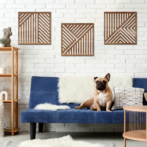 Bnesi 3 Piece Abstract Geometric Wood Wall Art Decor Modern Boho Minimalist Slatted Design Wall Sculpture Art Decor for Living Room Bedroom Home Bathroom (Classic, Medium) - style: Classic