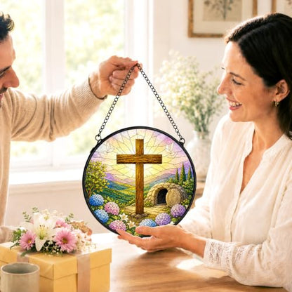 Cross Christian Stained Glass Window Hanging Decorations 7.9x7.9 - color: Crucifix-3
