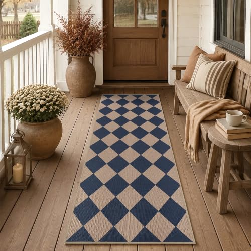 Easy Jute Kitchen Runner 2x6 Kitchen Runner Rug Washable Non Slip Outdoor Rug for Entryway Farmhouse Neutral Low Pile Carpet for Hallyway Proch Doorway - color: Blue/Checkered, size: 2'*6'(Runner)