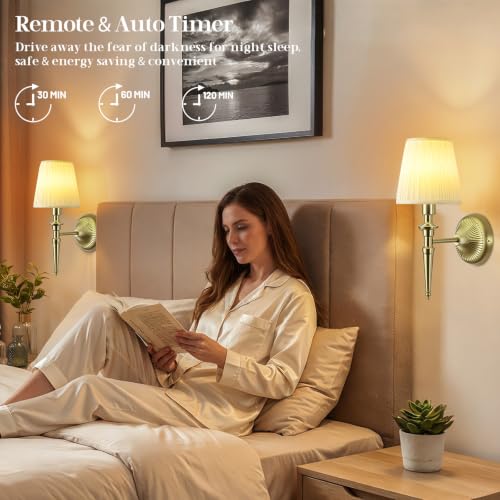 Battery Operated Wall Sconces Set of 2, Wireless Wall Lights with 12 RGB Colors and 3CCT Dimmable, Small Fabric LED Wall Lamps for Bedroom, Living Room, Hallway, Brass - color: Brass