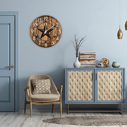 Wall Clock Western Texas Star Silent Battery Operated Bucolic Wood Wall Clock Old Fashioned Western Country Home Decor for Bedroom Living Room Outdoor Study Back Door - size: 15"x15"