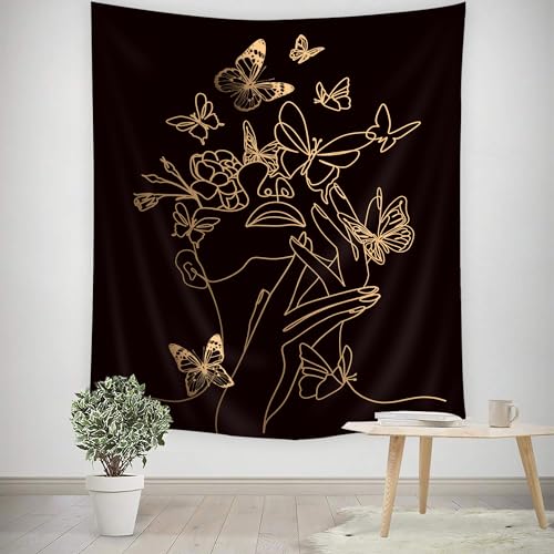 Simple Woman Tapestry Flower Butterfly Line Aesthetic Modern Wall Hanging - color: Black Simple Woman, size: 59"L x 51"W