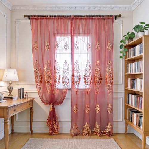 Amidoudou Rod Pocket Curtains European Luxury Sheer Embroidered Curtains for Living Room Bedroom (Red,52" W x 84" L (Pack of 2)) - color: Red, size: 52"W x 84"L (Pack of 2)