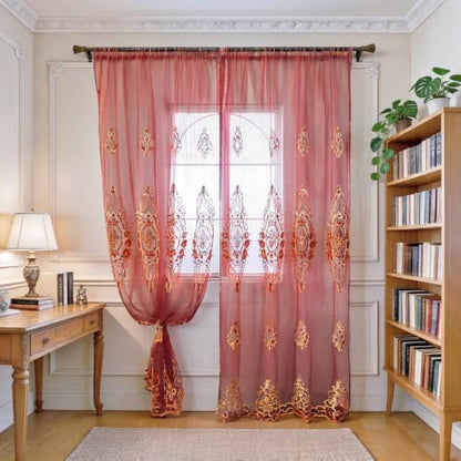Amidoudou Rod Pocket Curtains European Luxury Sheer Embroidered Curtains for Living Room Bedroom (Red,52" W x 84" L (Pack of 2)) - color: Red, size: 52"W x 84"L (Pack of 2)
