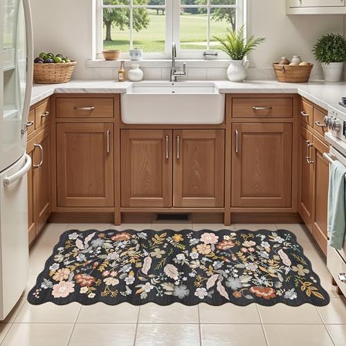 2x5 Rug Runner Non-Slip Washable: Scalloped Floral Small Entryway Rug Black - color: Black, size: 2' x 5' (Runner)