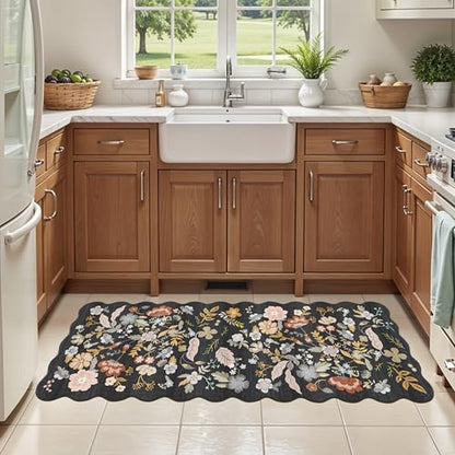 2x5 Rug Runner Non-Slip Washable: Scalloped Floral Small Entryway Rug Black - color: Black, size: 2' x 5' (Runner)