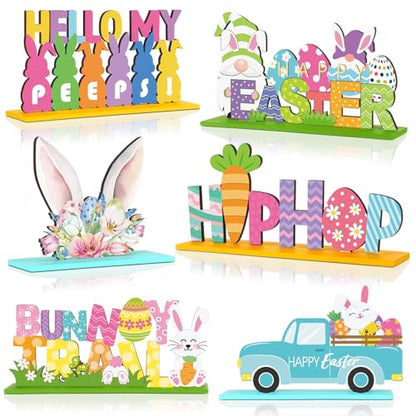 6 Pcs Easter Tabletop Decorations Easter Table Decor Tiered Tray Decorations Set Happy Bunny Egg Truck Wooden Signs Gnome Rustic Table Centerpiece for Home Spring Party - style: Bunny