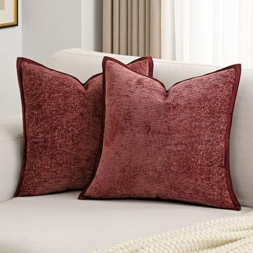 FUTEI Pack of 2 Chenille Soft Throw Pillow Covers 24x24 Inch, Burgundy - color: Burgundy, size: 24" x 24" (Pack of 2)