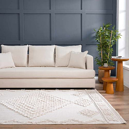 Hauteloom Thackeray Farmhouse Living Room Bedroom Modern Moroccan Medallion Runner Rug - Soft Shaggy High Low Carpet - High Pile - Bohemian, Boho - White, Beige, Cream - 2'7" x 7'3" - color: Cream / Rosales, size: 2'8" x 7'3" (Runner)