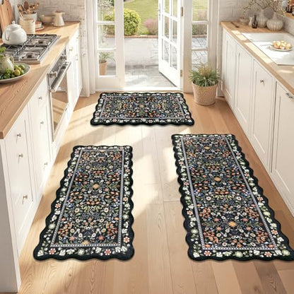 Yamaziot Boho Anti Fatigue Kitchen Rug Set of 3 Scalloped Non-Slip, Black - color: Black, size: 17.3"x29"+17.3"x35"+17.3"x47"