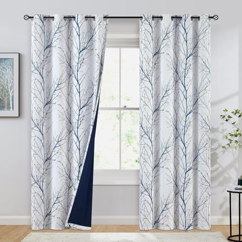 FMFUNCTEX 100% Blackout Blue Grey Tree Branch Curtains 84 Inch 2 Panels - color: Grommet | Blue, size: 52"W x 84"L (Pack of 2)