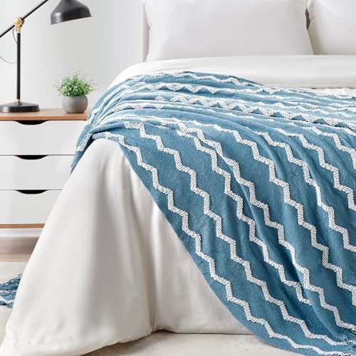 BOURINA Knitted Throw Blanket Boho Chenille Outdoor Blanket,Blue 50x60Inch - color: A-blue, size: 50"×60"
