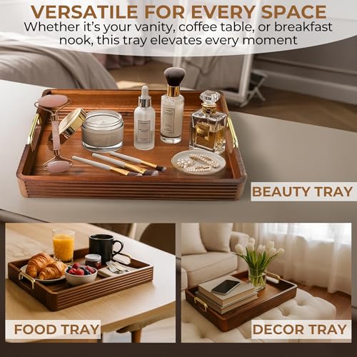 Acacia Wood Serving Tray with Metal Handle, 17x13in Tray for Ottoman - color: Dark Acacia / Gold Handle, size: 17” × 13” × 2”