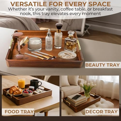 Acacia Wood Serving Tray with Metal Handle, 17x13in Tray for Ottoman - color: Dark Acacia / Gold Handle, size: 17” × 13” × 2”