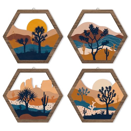 HPNIUB 4 Pcs Boho Mountains Scenery Wall Art Decor, Farmhouse Abstract Sunrise Trees Desert Cactus Hanging Wood Sign for Living Room, Aesthetic Bohemian Botanical Wooden Plaque for Apartment Bedroom(11''x9.8'') - color: Abstract desert scenery