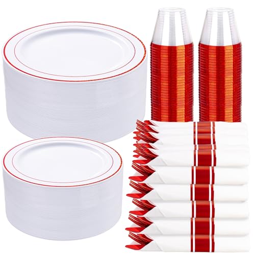 WELLIFE 700 Pieces Red Plastic Plates - Disposable Silverware and Cups, Include: 100 Dinner Plates 10.25”, 100 Dessert Plates 7.5”, 100 Red Cups 9 OZ, 100 Plastic Cutlery - color: Red, style: 700PCS（100Guests）