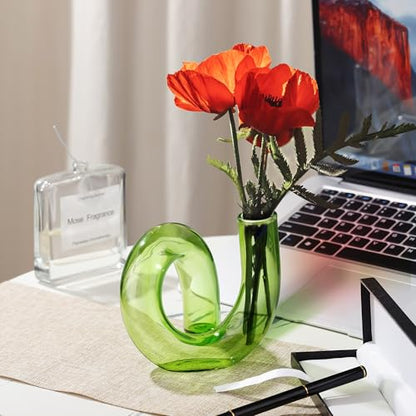 Joeyan Handmade Small Green Glass Flower Vase,Decorative Geometric Bud Vase - color: Green