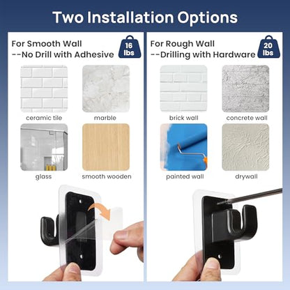 ENJOYBASICS No Drill Curtain Rods for Window 28 to 47 Inches, 5/8 Inch Diameter Renter Friendly Drapery Rod with Adhesive Brackets without Drilling, Adjustable from 27 to 52 Inches, Black (Pack of 2) - color: Black, size: 27-52" (Pack of 2)
