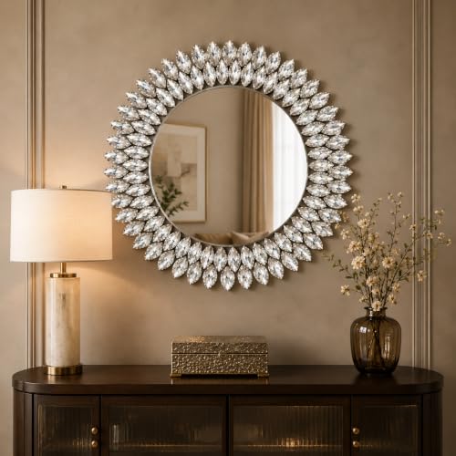 24 Inch Round Crystal Diamond Wall Mirror, Silver Jeweled Decorative Mirror for Bathroom Vanity, Entryway, Living Room & Glam Wall Decor - color: Clear Crystal Round - 24"l X 24"w, size: 24"L x 24"W