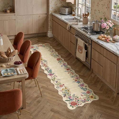 2x10 Floral Beige Scalloped Runner Rug - color: Scalloped | Beige, size: 2' x 10' (Runner)