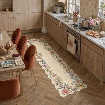 2x10 Floral Beige Scalloped Runner Rug - color: Scalloped | Beige, size: 2' x 10' (Runner)