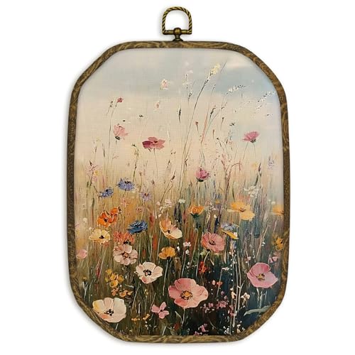 nvucamd Vintage Wildflower Wall Art Decor Framed, Rustic Botanical Floral Octagon Canvas Prints Wall Art, Farmhouse Cottagecore Flower Hanging Decor for Bathroom Living Room Nusery, 10.2x7 Inches - color: wildflower, size: 10.2"L x 7"W