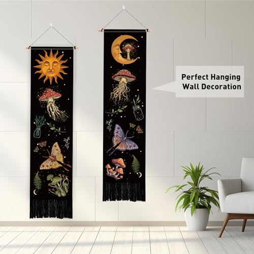 PLIGREAT 2 Pack Mysterious Art Mushroom Tapestry, Vertical Wall Hanging - color: Yellow and Purple