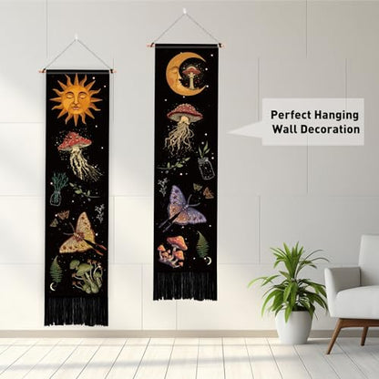 PLIGREAT 2 Pack Mysterious Art Mushroom Tapestry, Vertical Wall Hanging - color: Yellow and Purple