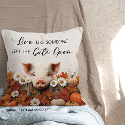 Fall Pig Daisy Floral Pumpkin Maple Leaf Throw Pillow Covers 18x18 - color: Pig-02