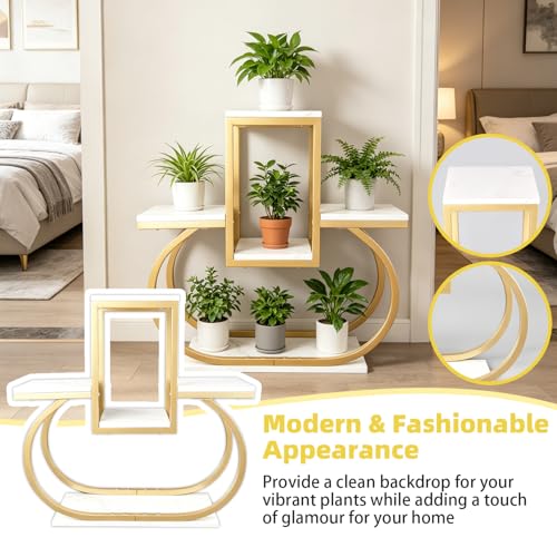 Corner Plant Stand Gold Indoor, Multi‑Tier Plant Shelf, Modern Flower Pot Holder with Marble‑Patterned Shelves for Living Room Bedroom Balcony Home Decoration Halloween Gifts
